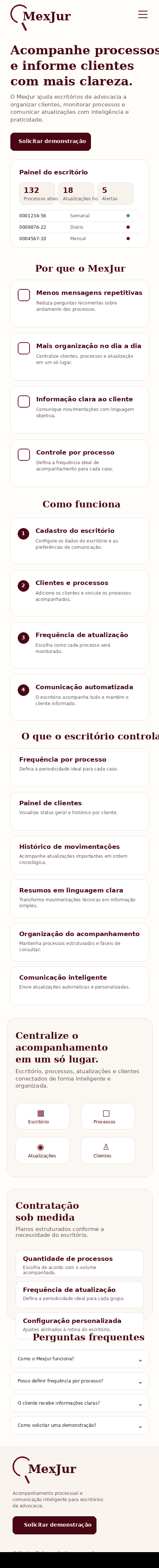 Página inicial do MexJur em versão mobile com topo simples, título legível, CTA visível e seções empilhadas.